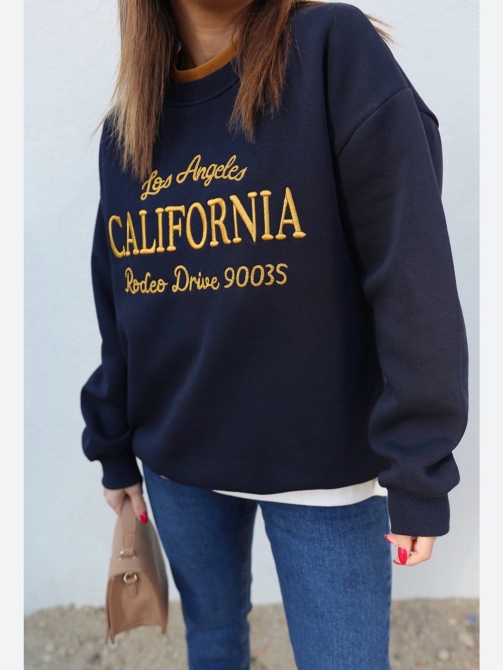 Zara Navy Sweatshirt with Gold 'California' Embroidery